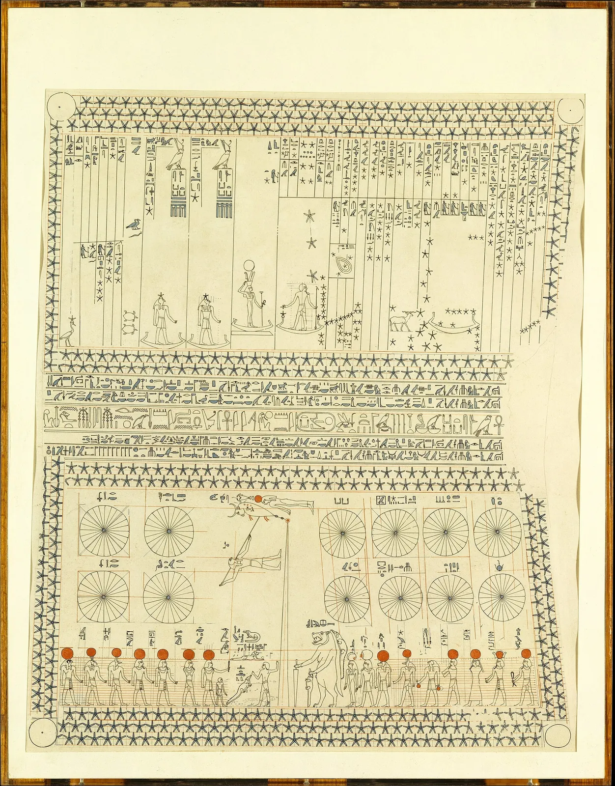 Fac-similé peint du plafond astronomique de la tombe de Senenmut, panneau couvert de cercles et de bandes de figures