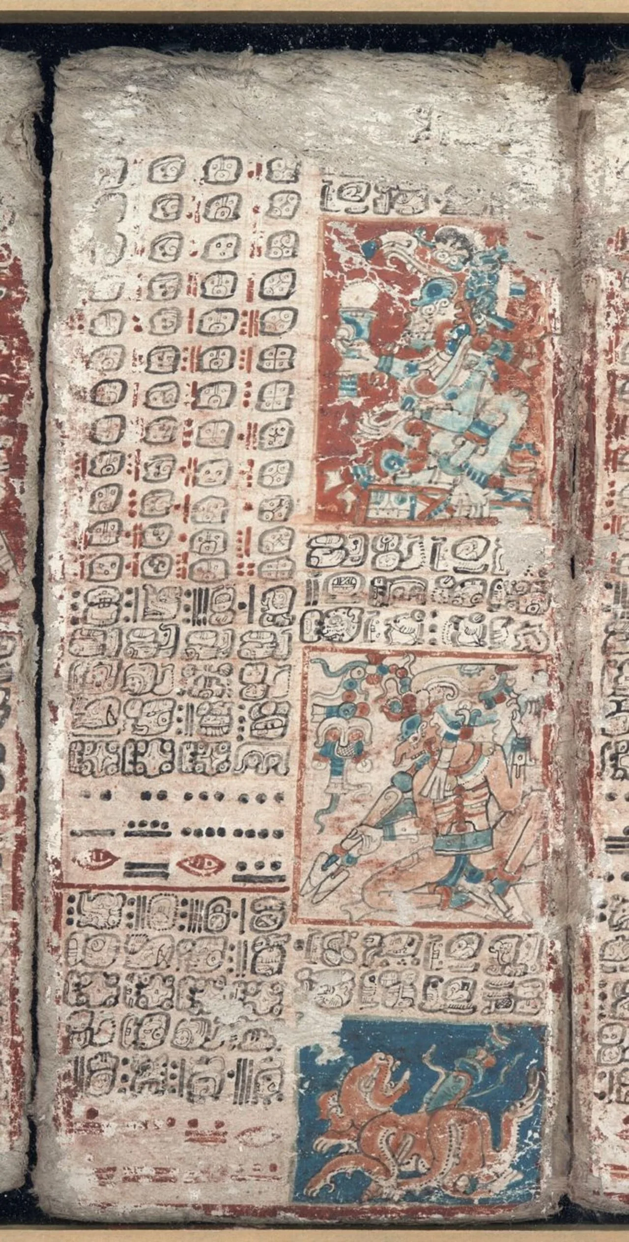 Une page du Codex de Dresde : colonnes de glyphes mayas et trois registres de figures peintes en rouge, noir et bleu
