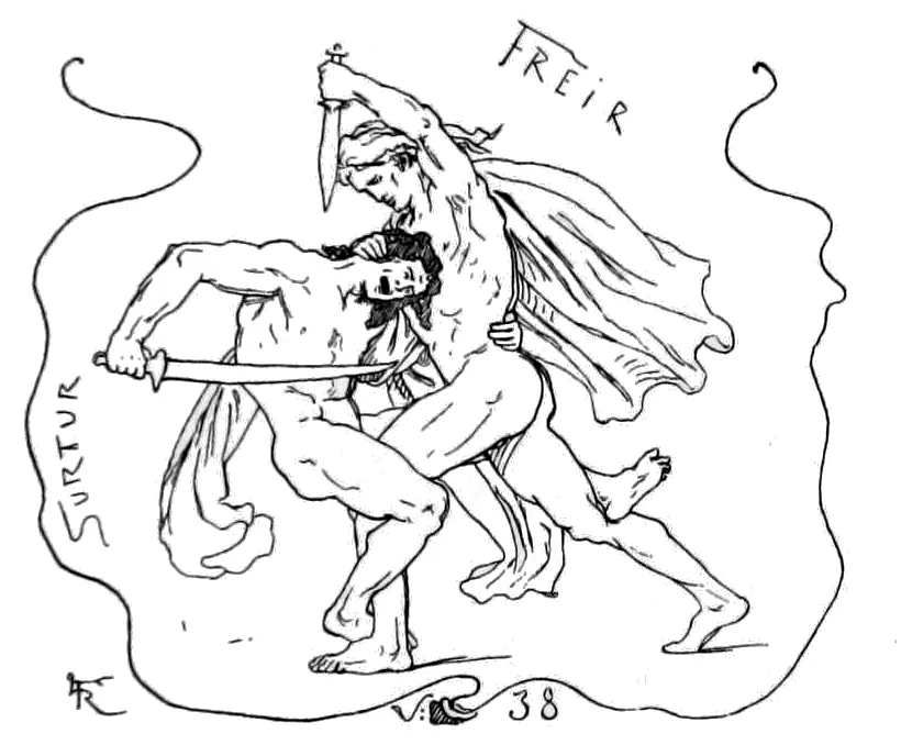 Dessin au trait : Freyr, l'épée à la main, affronte le géant Surtr