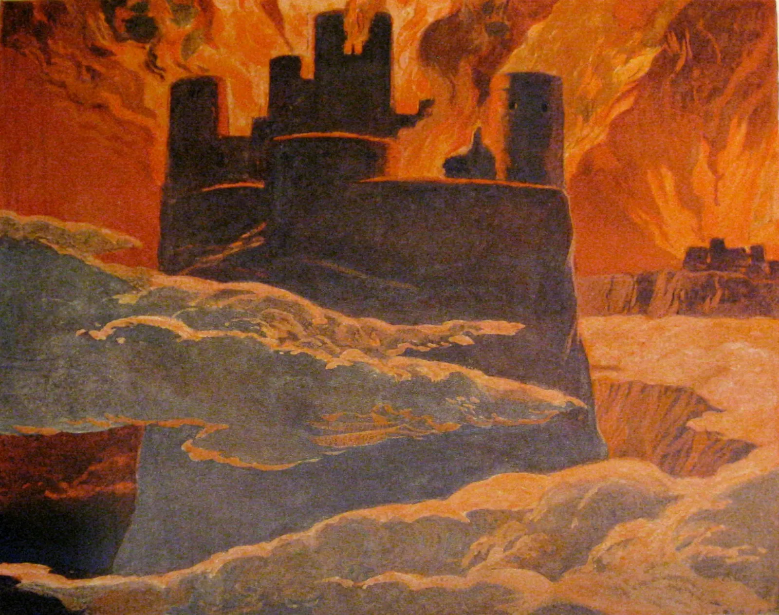 Peinture d'Asgard en flammes : une forteresse sur des nuages, sous un ciel orange
